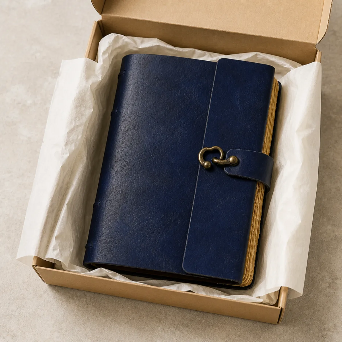 Navy-blue leather journal packed in a kraft gift box with tissue for export