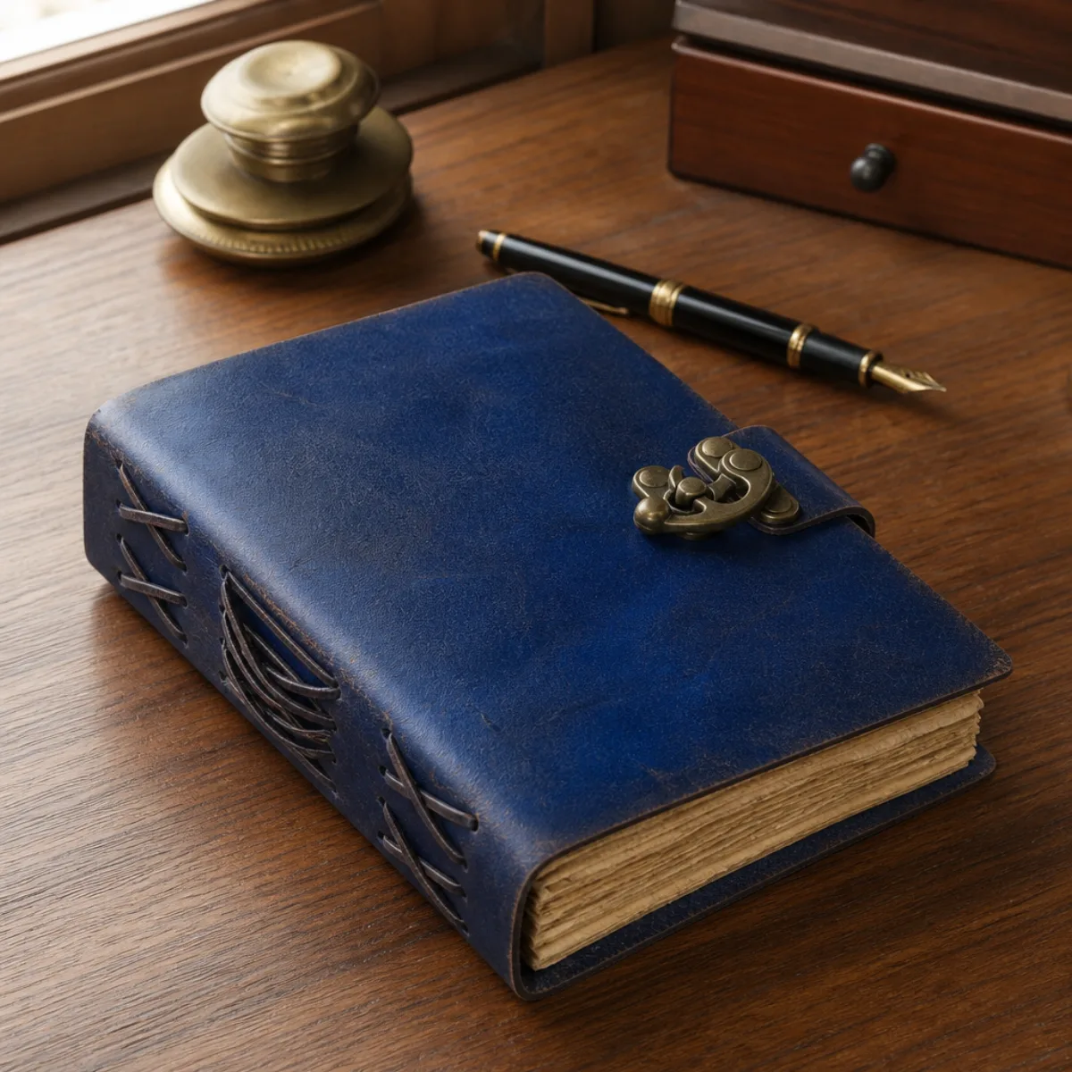 Navy-blue handmade leather journal with brass C-hook on a teak writing desk