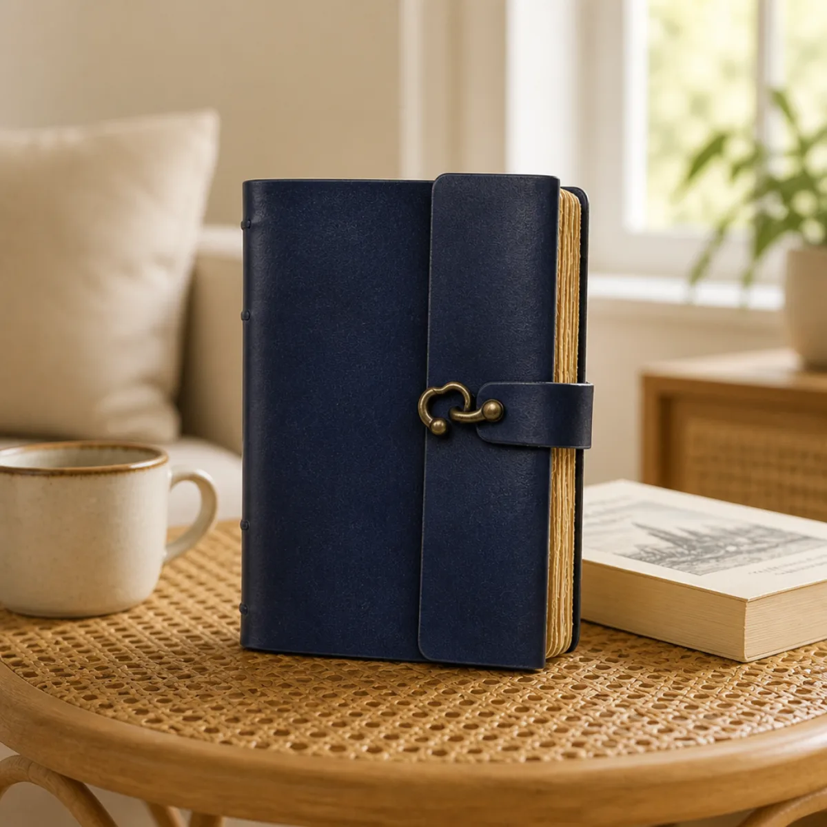 Navy-blue leather journal on a cane side table in a bright living room