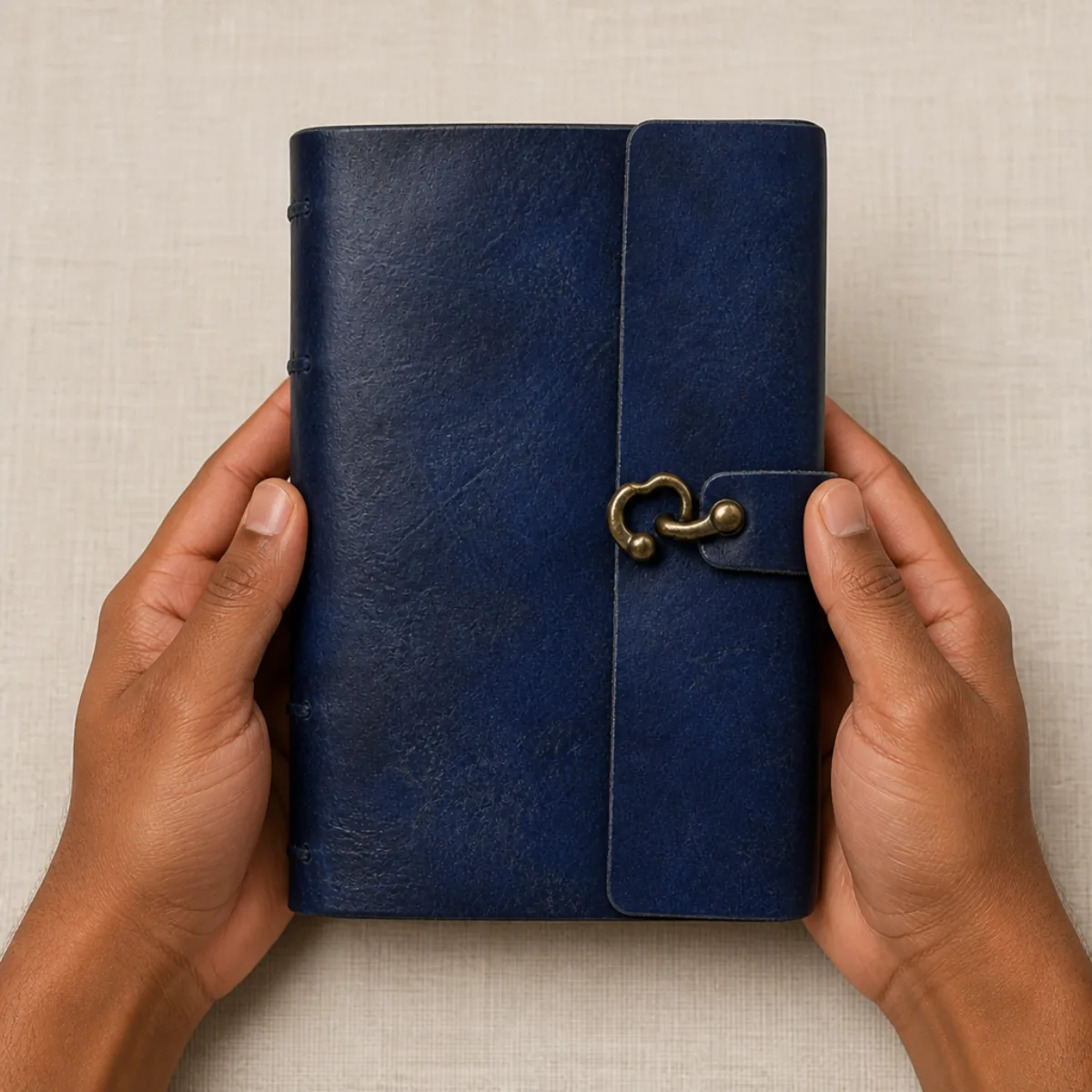 Hands holding a 7 inch handmade navy-blue leather journal to show scale