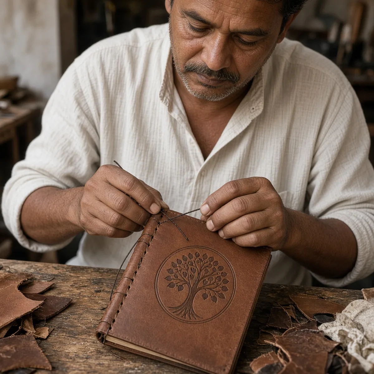 Artisan stitching a vintage-brown leather journal spine in a Rajasthan workshop