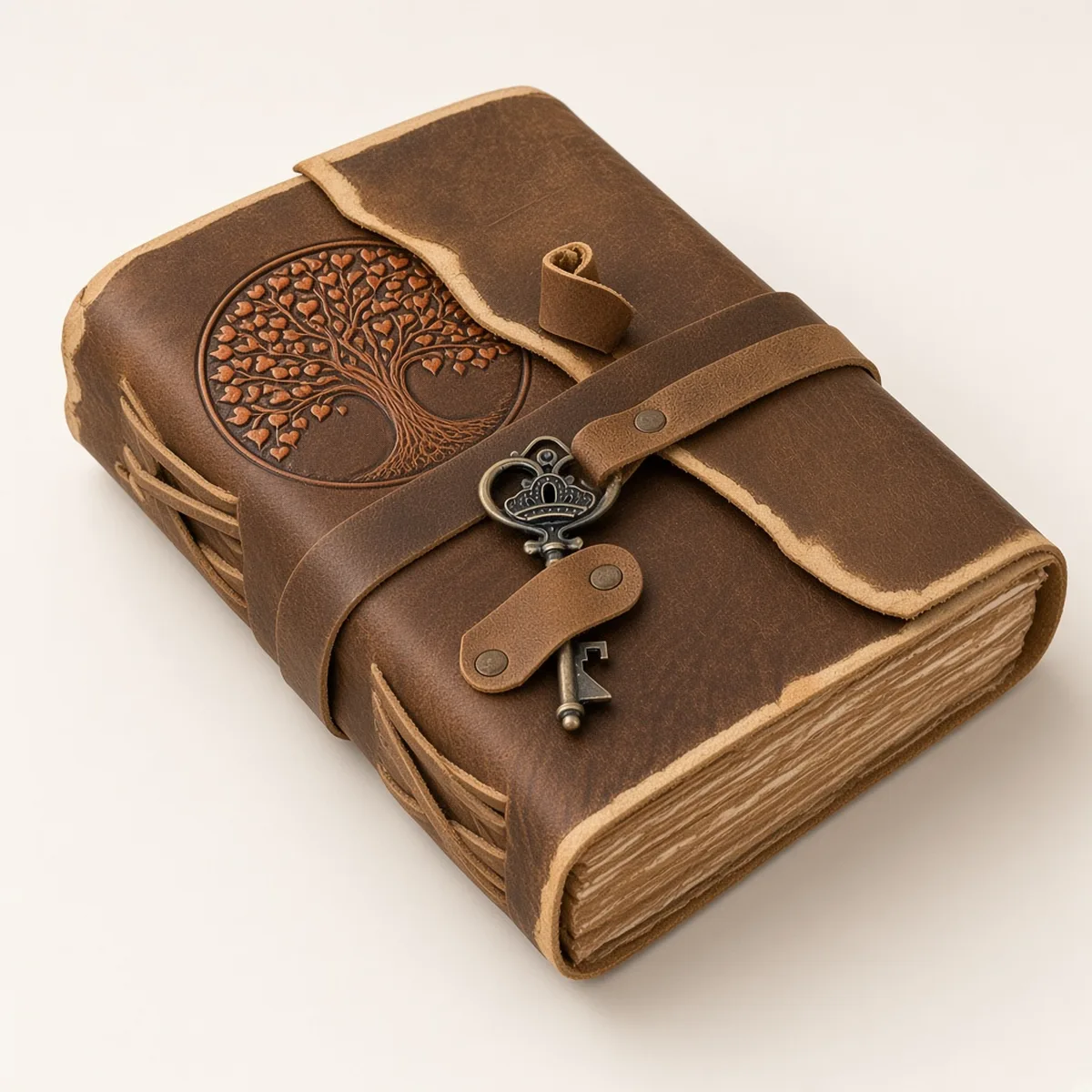 Closed vintage-brown leather journal with original tooled heart-leaf tree and vintage key wrap