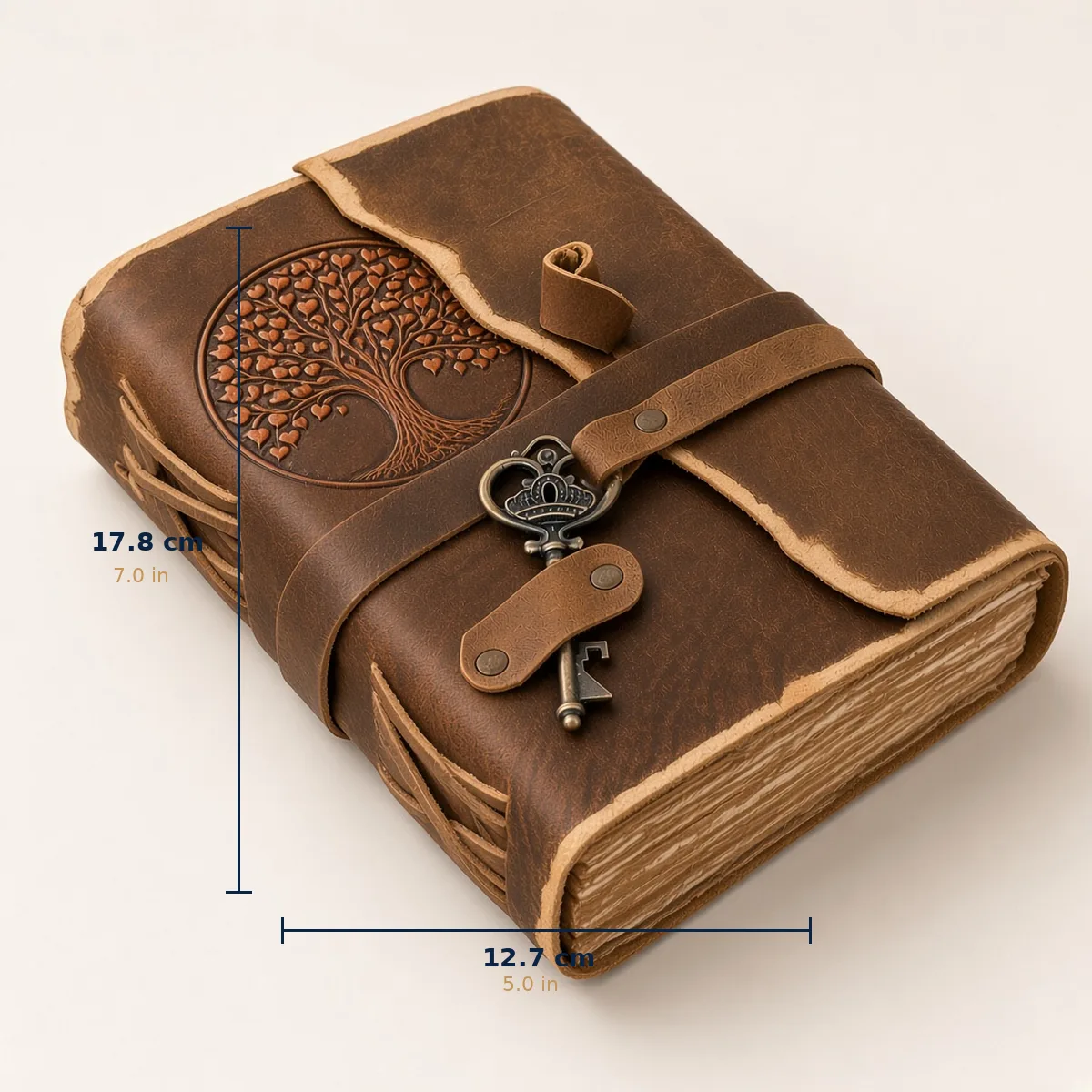 Handmade brown tree-of-life leather journal size about 17.8 × 12.7 × 3.8 cm