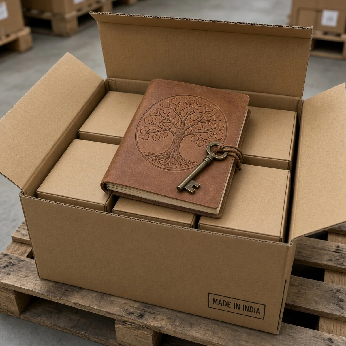 Export shipping carton with inner boxes of handmade brown tree-of-life leather journals from India