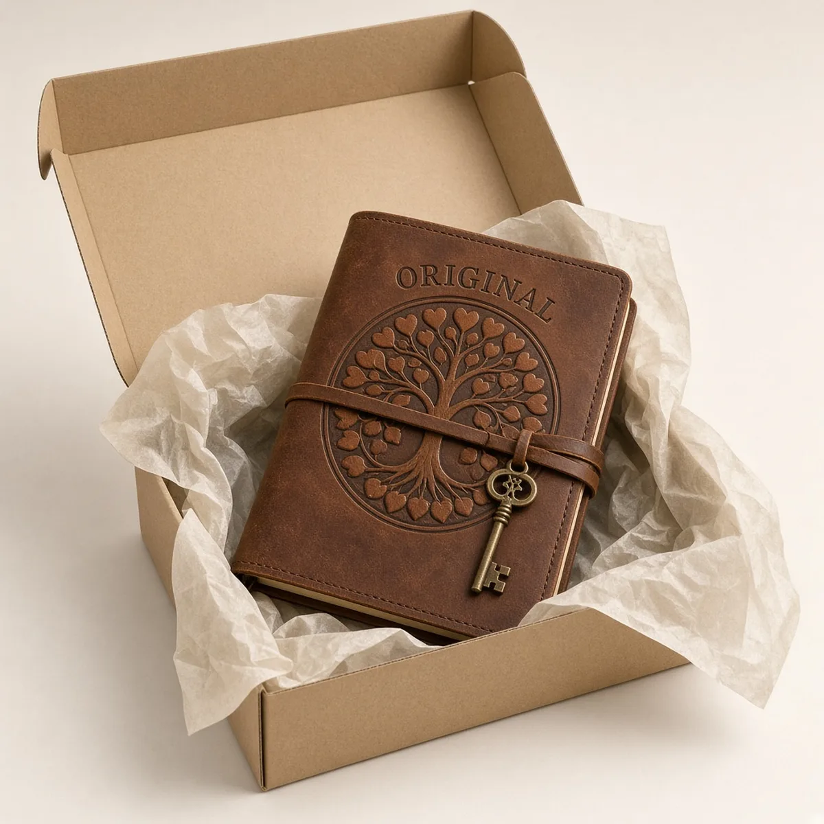 Vintage-brown tree-of-life leather journal packed in a kraft gift box with tissue for export