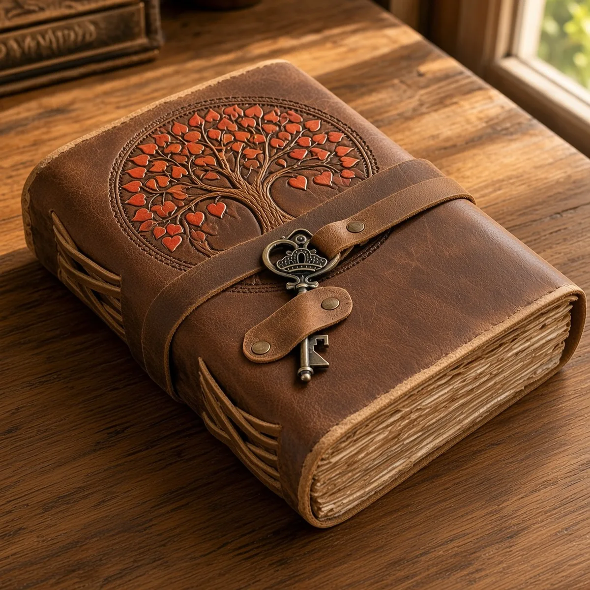 Vintage-brown handmade leather journal with tooled tree-of-life and vintage key on a teak writing desk