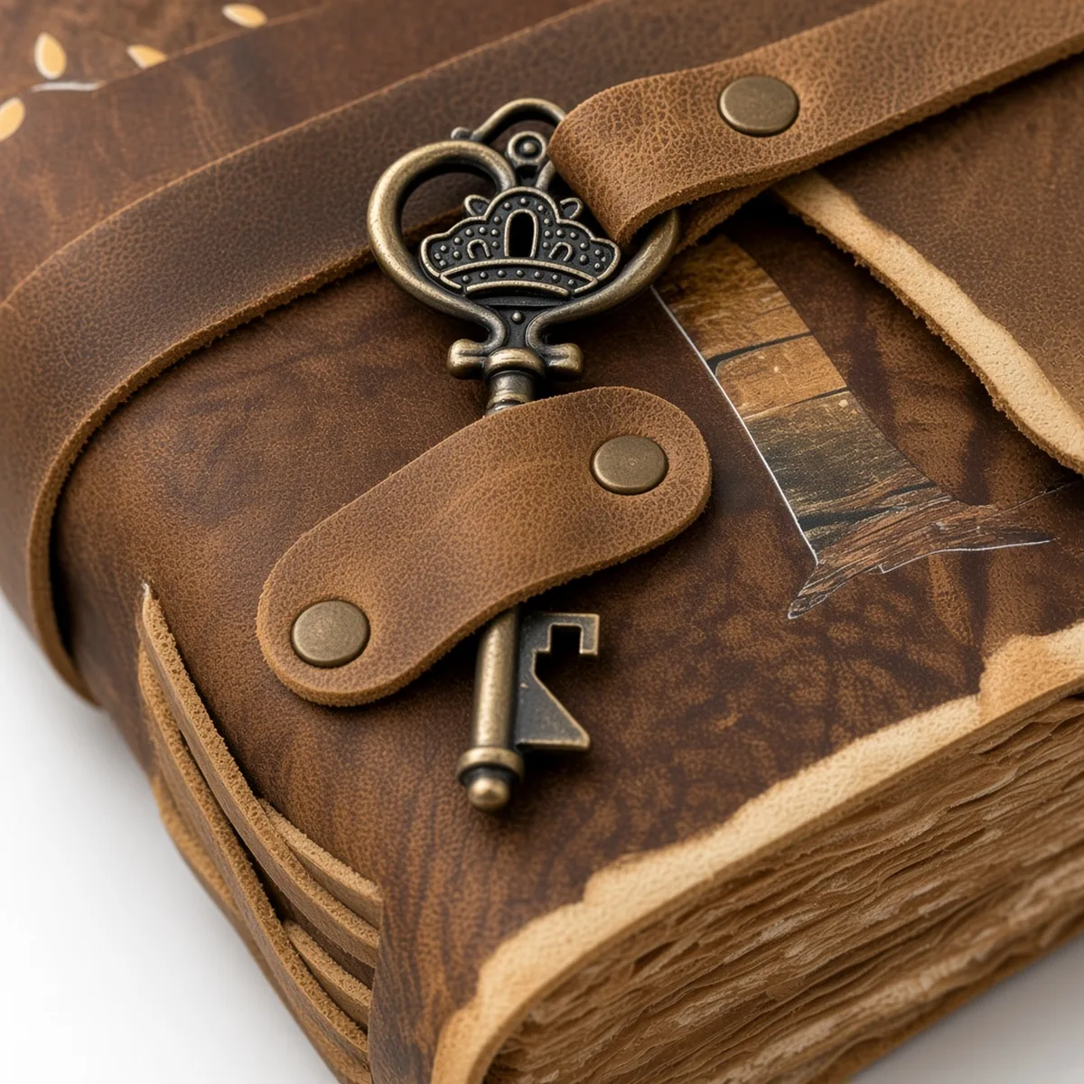 Close-up of antique bronze skeleton key on a brown leather journal wrap strap