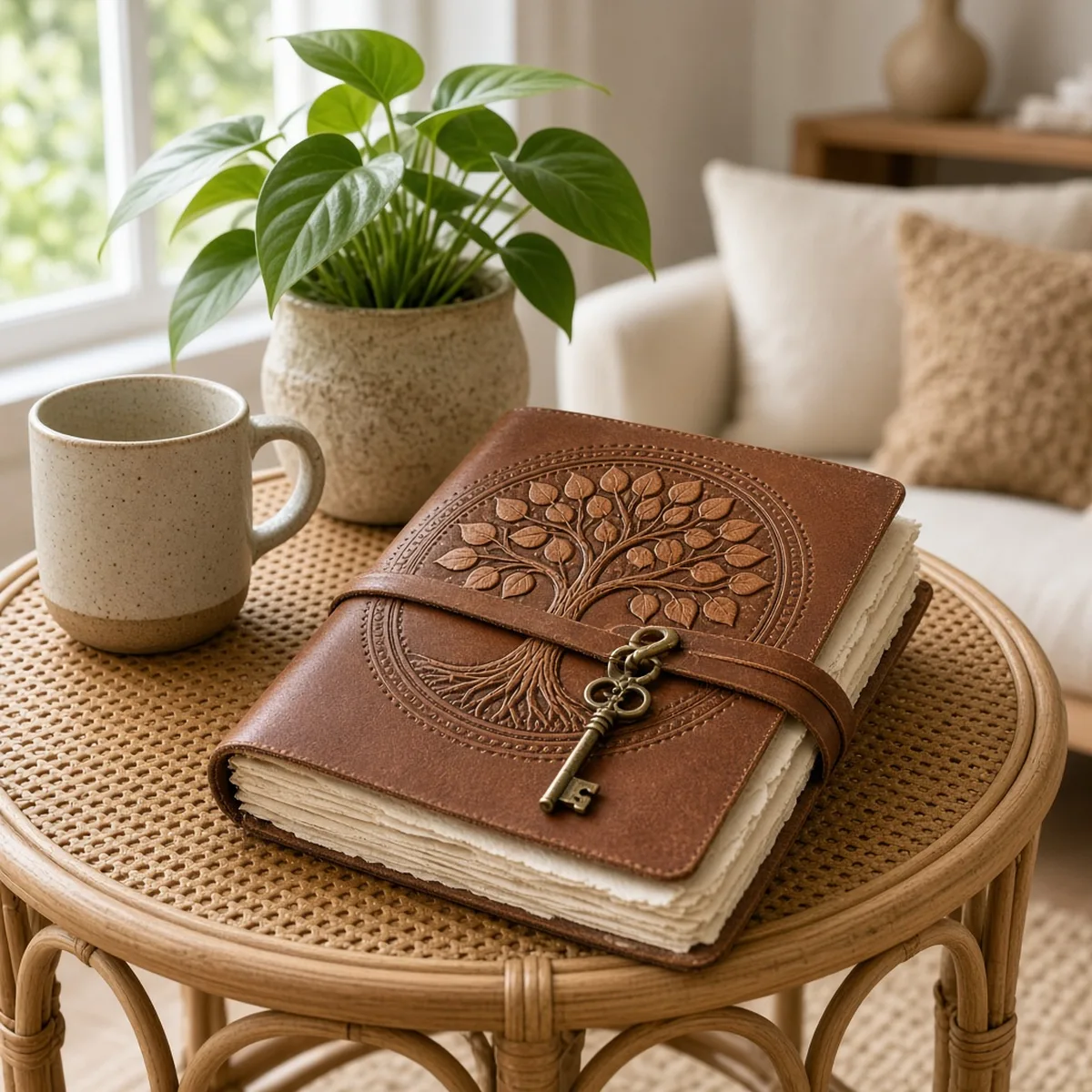 Vintage-brown tree-of-life leather journal on a cane side table in a bright living room