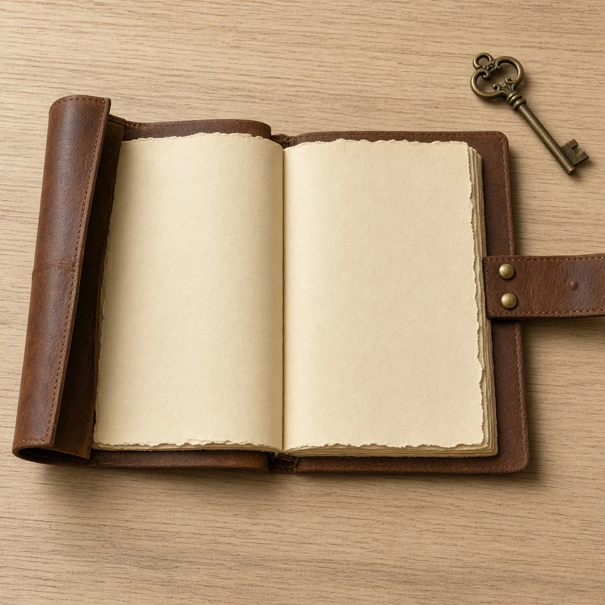 Open handmade leather journal showing unruled yellowish deckle-edge pages