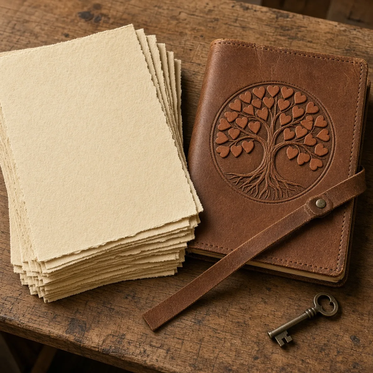 Handmade deckle-edge paper sheets and a vintage-brown leather cover on a workshop table