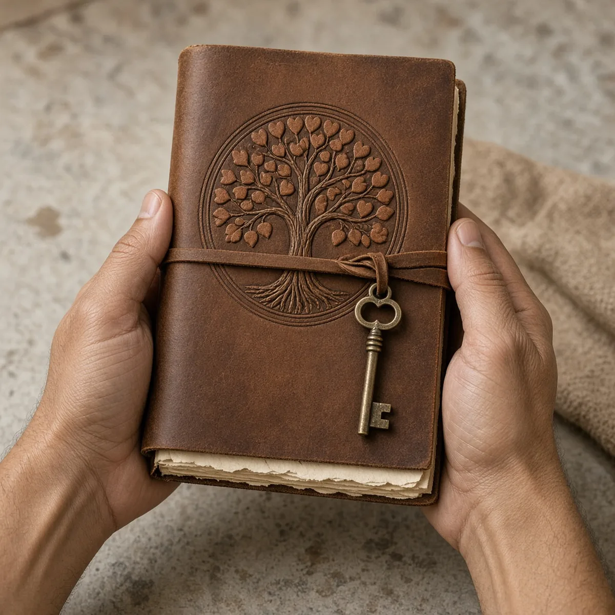 Hands holding a 7 inch handmade vintage-brown tree-of-life leather journal to show scale