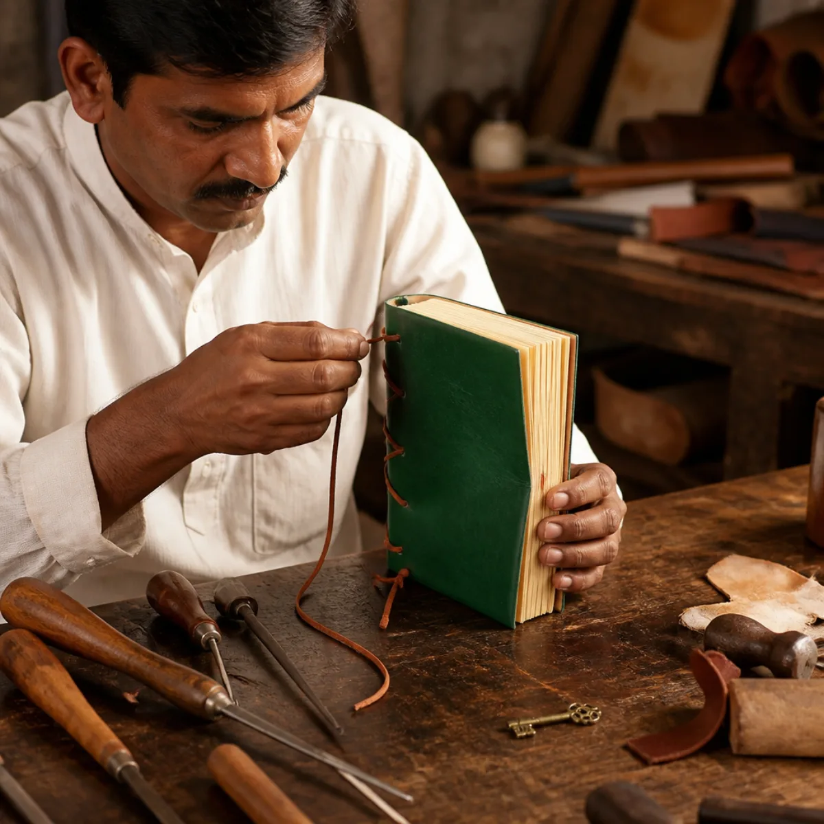 Artisan lacing the spine of a dark-green leather journal in a Rajasthan workshop