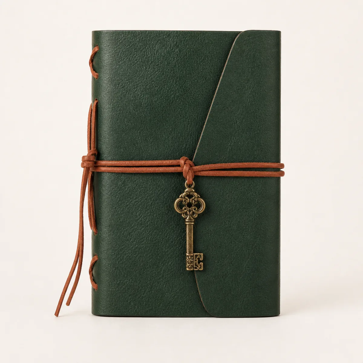 Closed dark-green leather journal with brown wrap cord and antique bronze key charm
