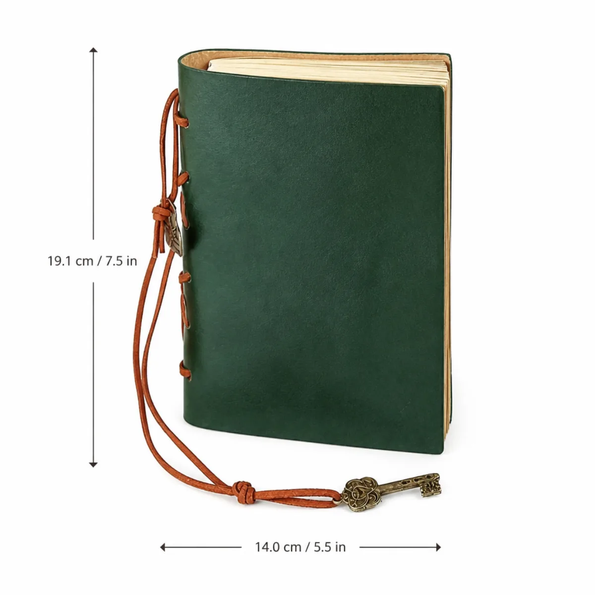 Handmade dark-green leather journal size about 19.1 × 14.0 × 4.0 cm