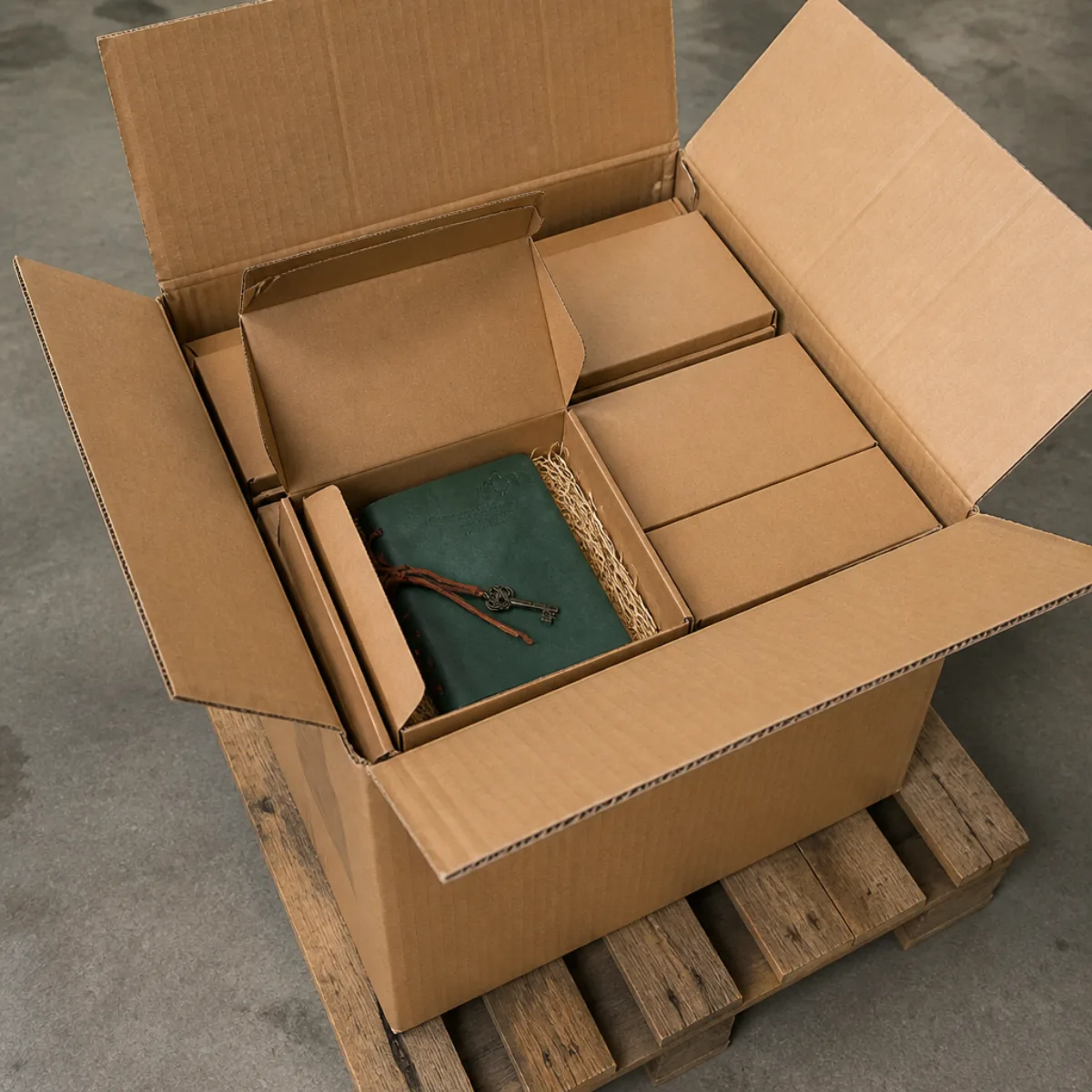 Export shipping carton with inner boxes of handmade dark-green leather journals from India