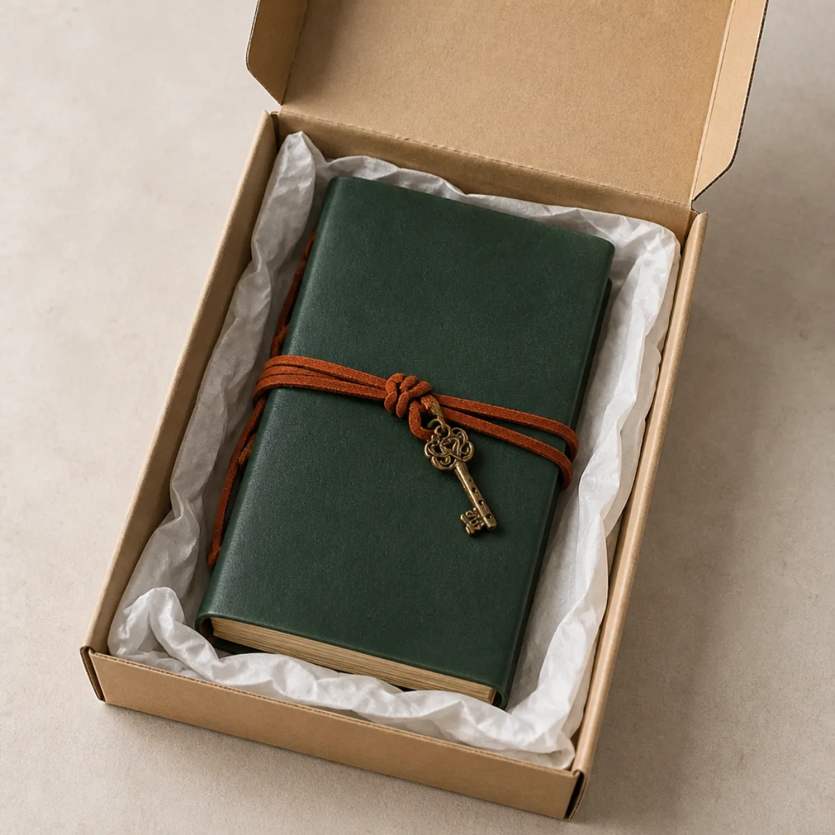 Dark-green leather journal packed in a kraft gift box with tissue for export