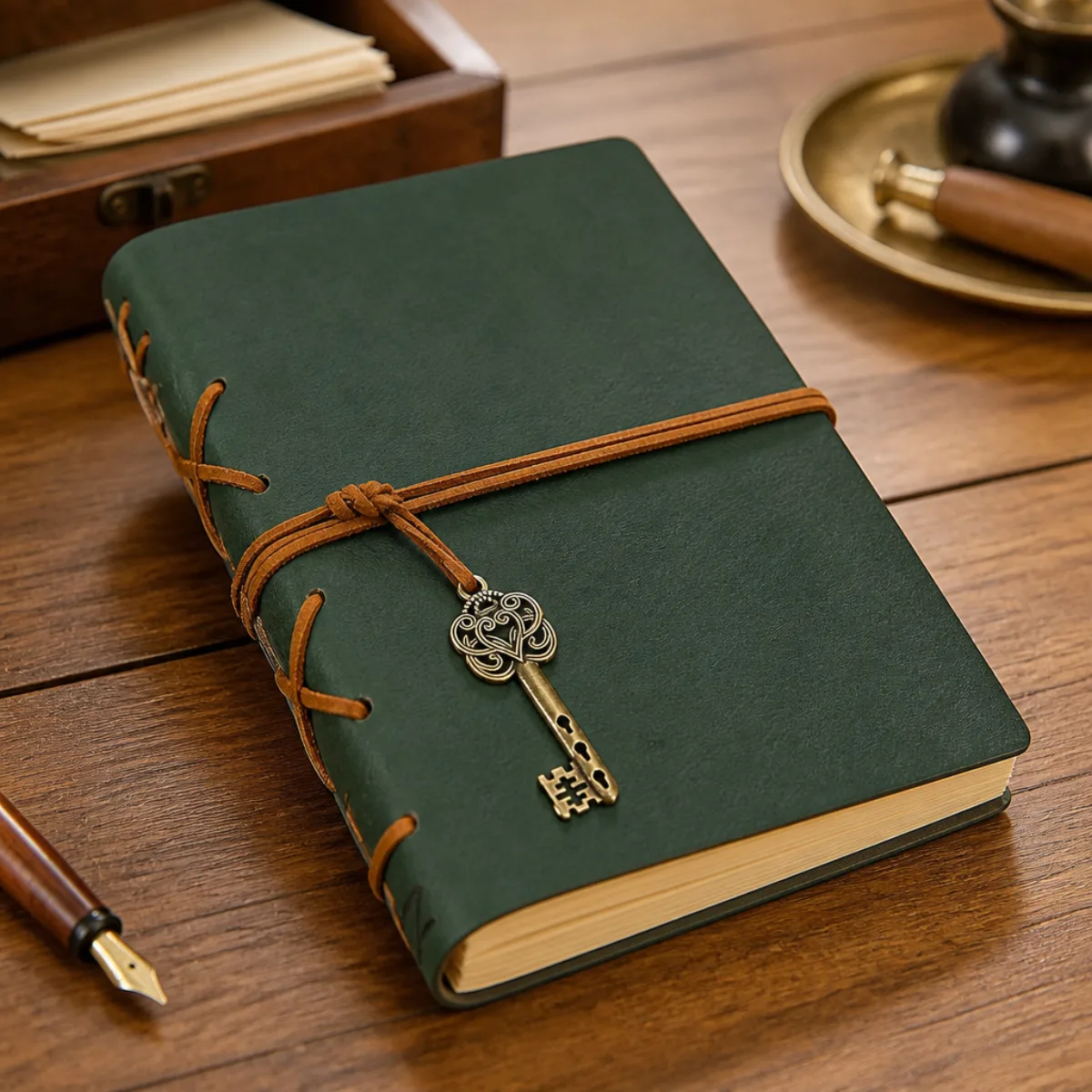 Dark forest-green handmade leather journal with vintage key on a teak writing desk