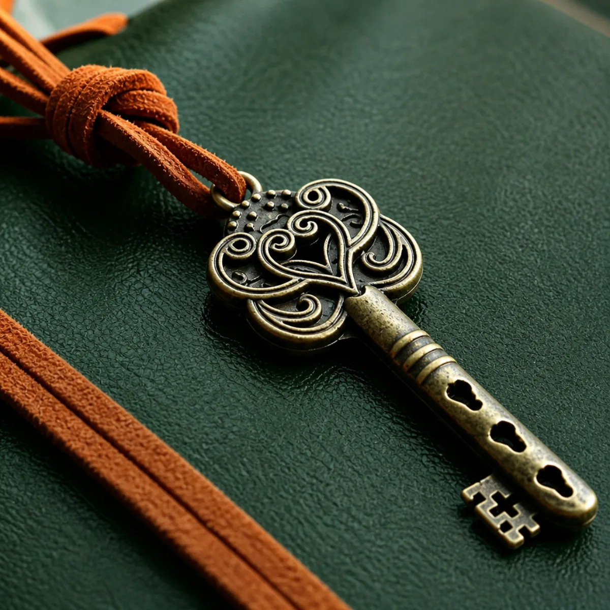 Close-up of antique bronze skeleton key on a dark-green leather journal wrap cord