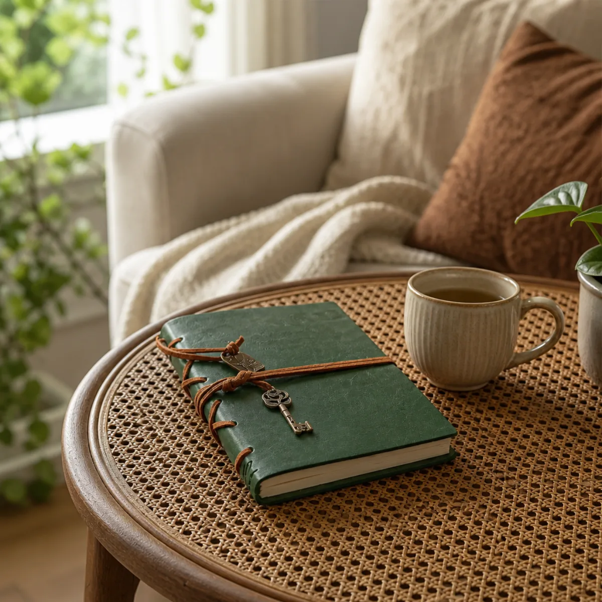 Dark-green leather journal on a cane side table in a bright living room