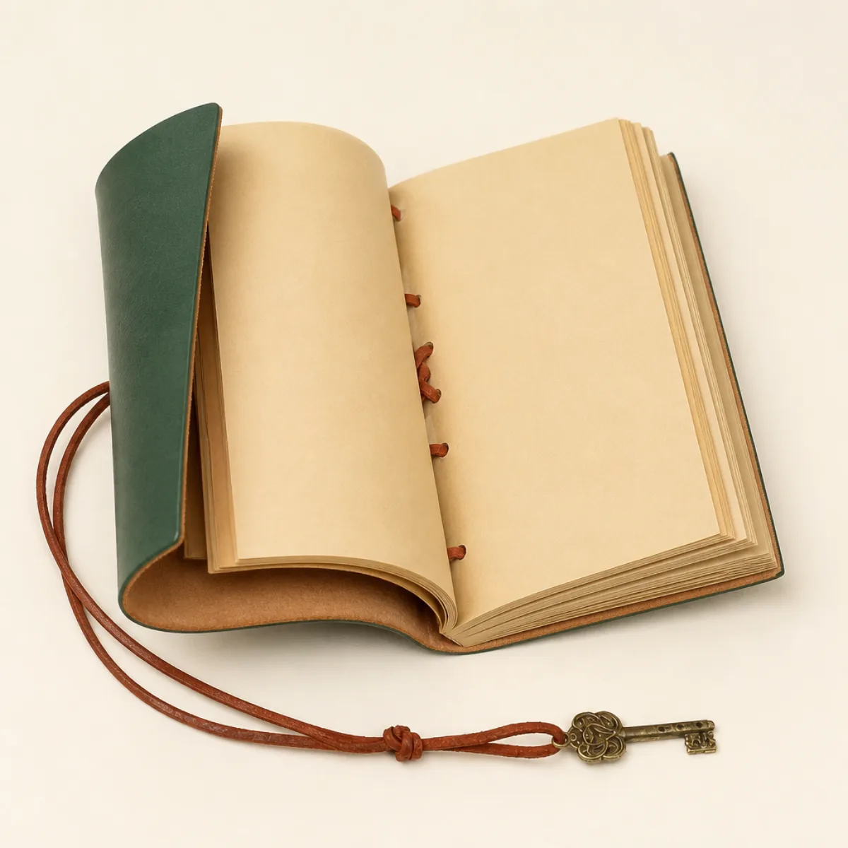 Open handmade leather journal showing unruled cream kraft pages