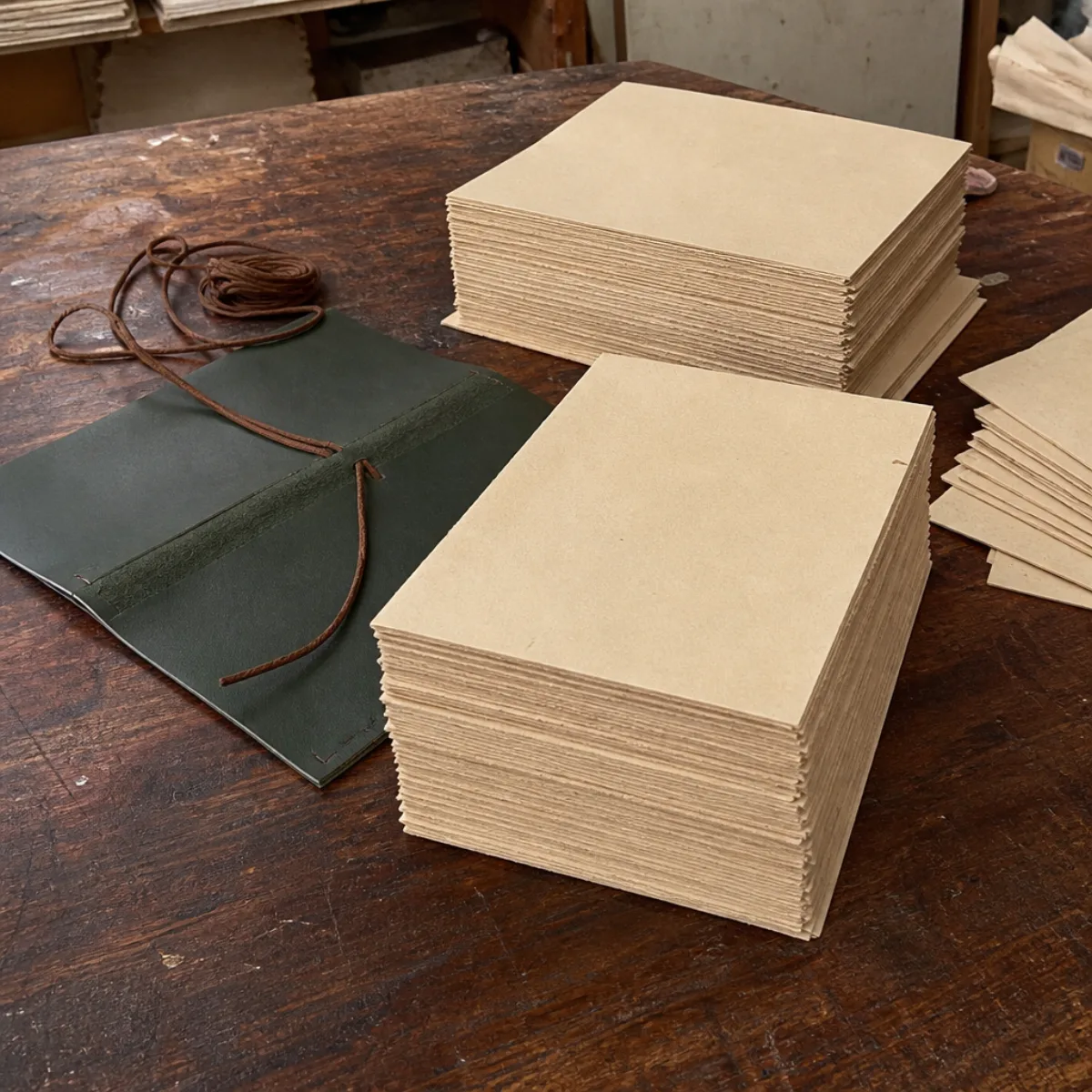 Unruled kraft paper sheets and a dark-green leather cover on a workshop table