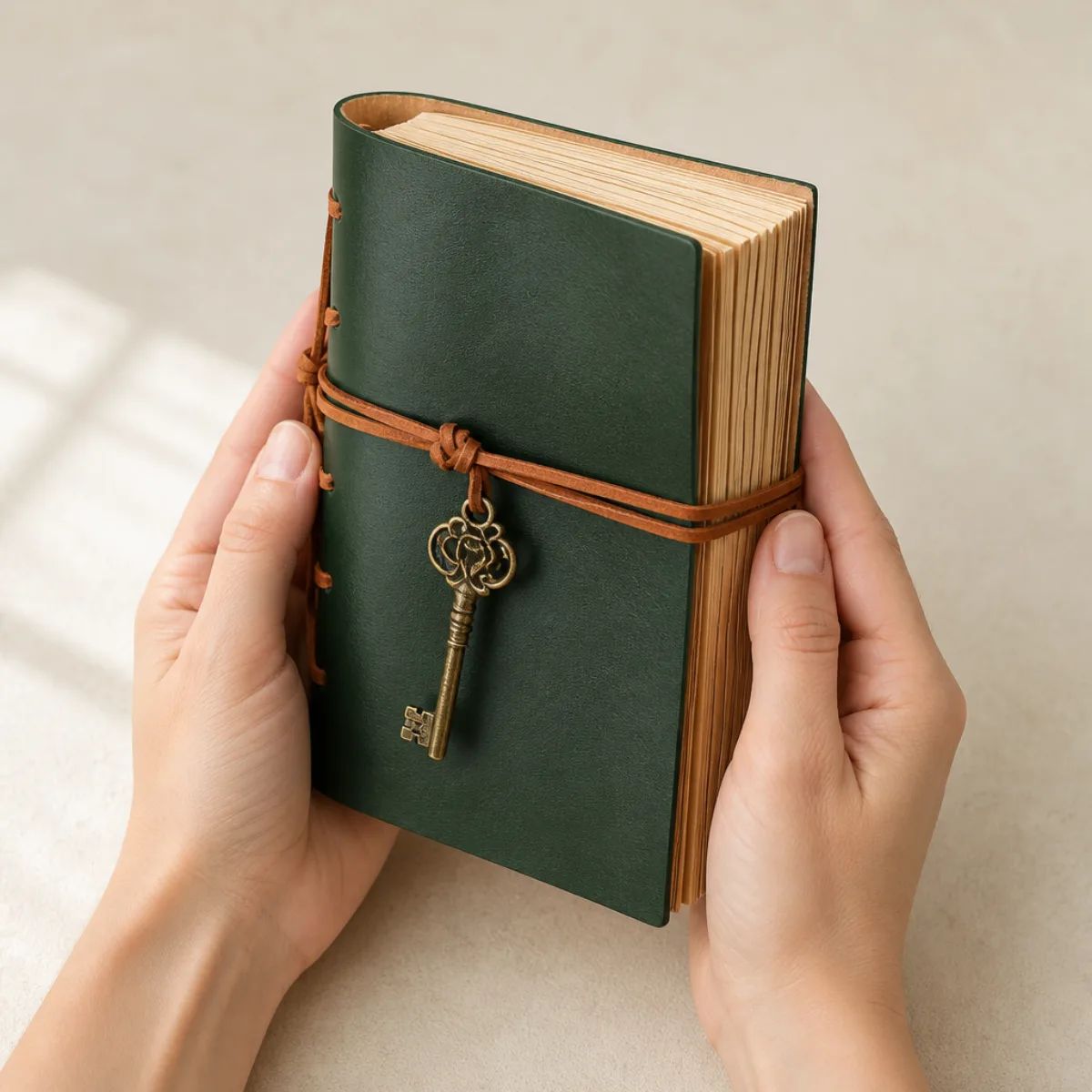 Hands holding a 7.5 inch handmade dark-green leather journal to show scale