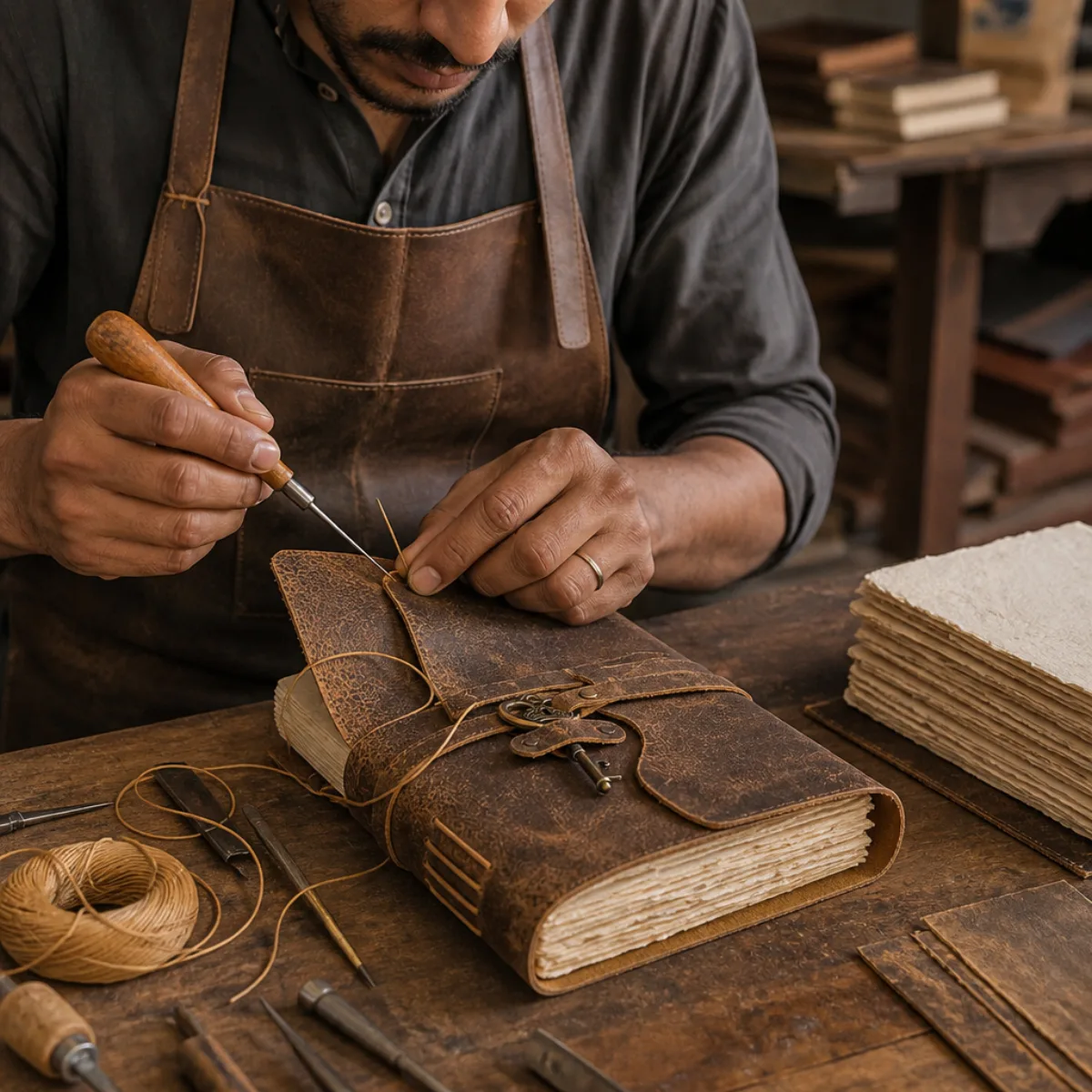 Artisan stitching a leather journal spine in a Jaipur workshop