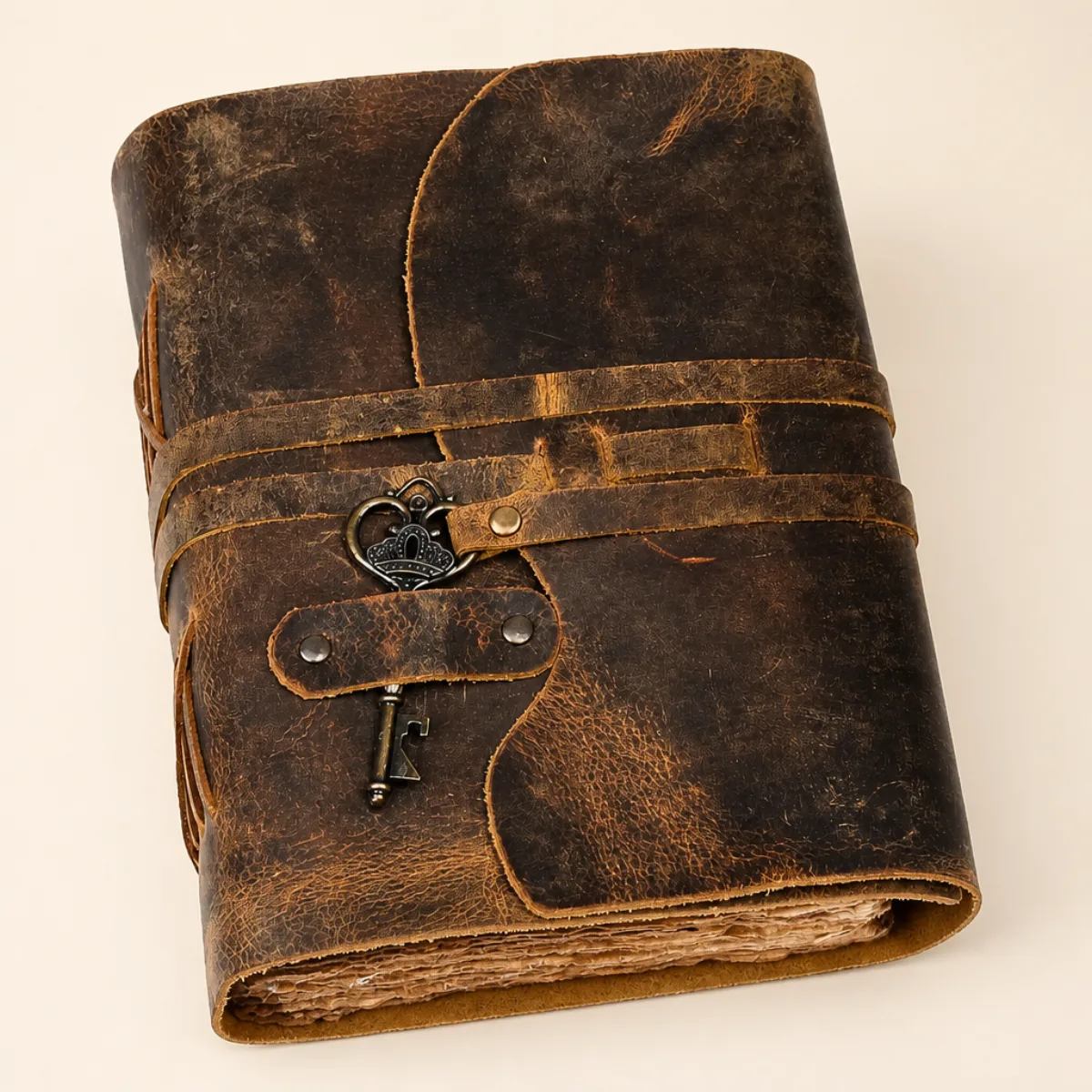 Closed distressed-brown leather wrap journal with antique bronze key charm