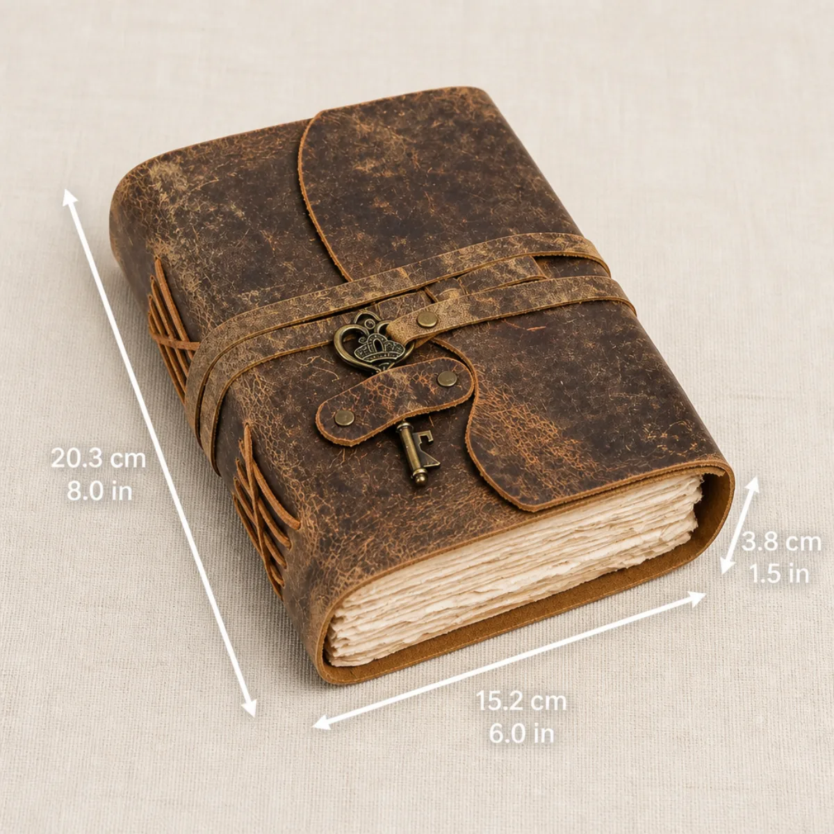 Handmade leather journal size about 20.3 × 15.2 × 3.8 cm