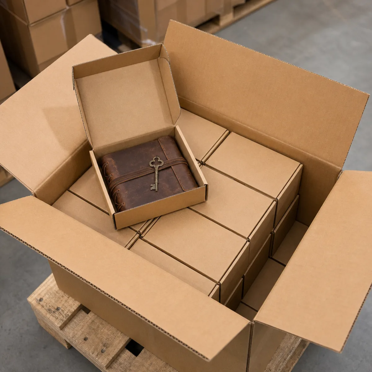 Export shipping carton with inner boxes of handmade leather journals from India