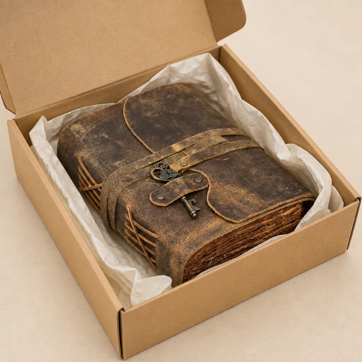Handmade leather journal packed in a kraft gift box with tissue for export