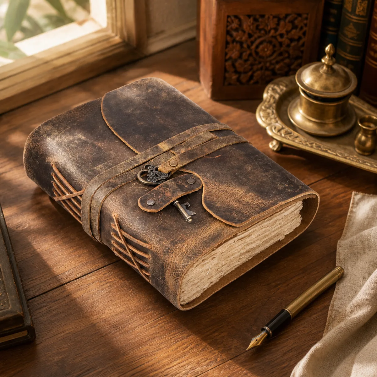 Distressed-brown handmade leather journal with antique key on a teak writing desk