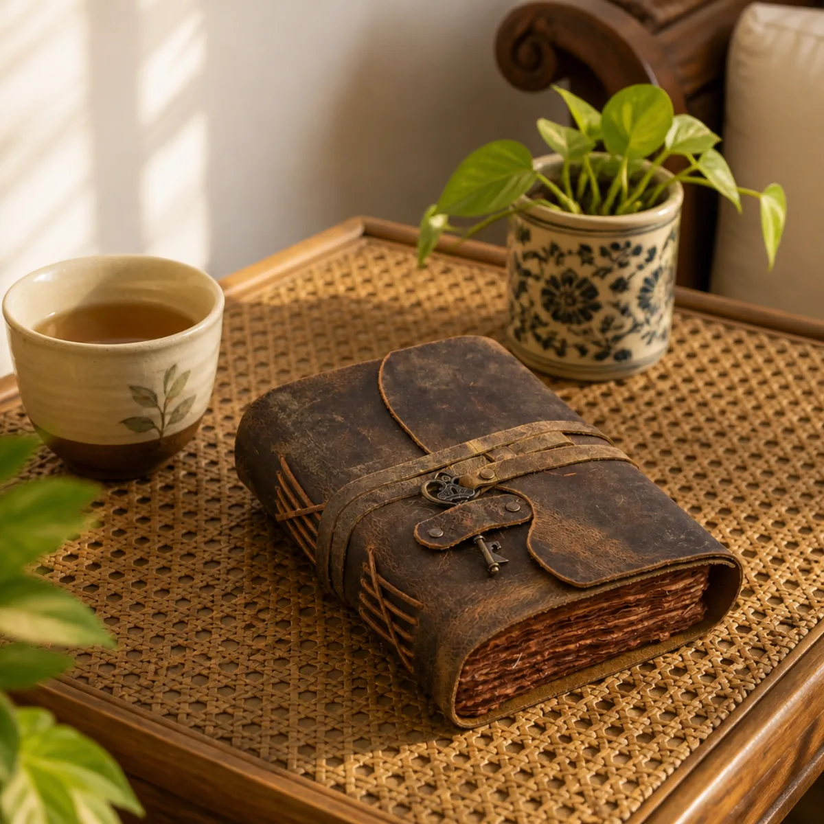 Handmade leather journal on a cane side table in a bright Indian living room