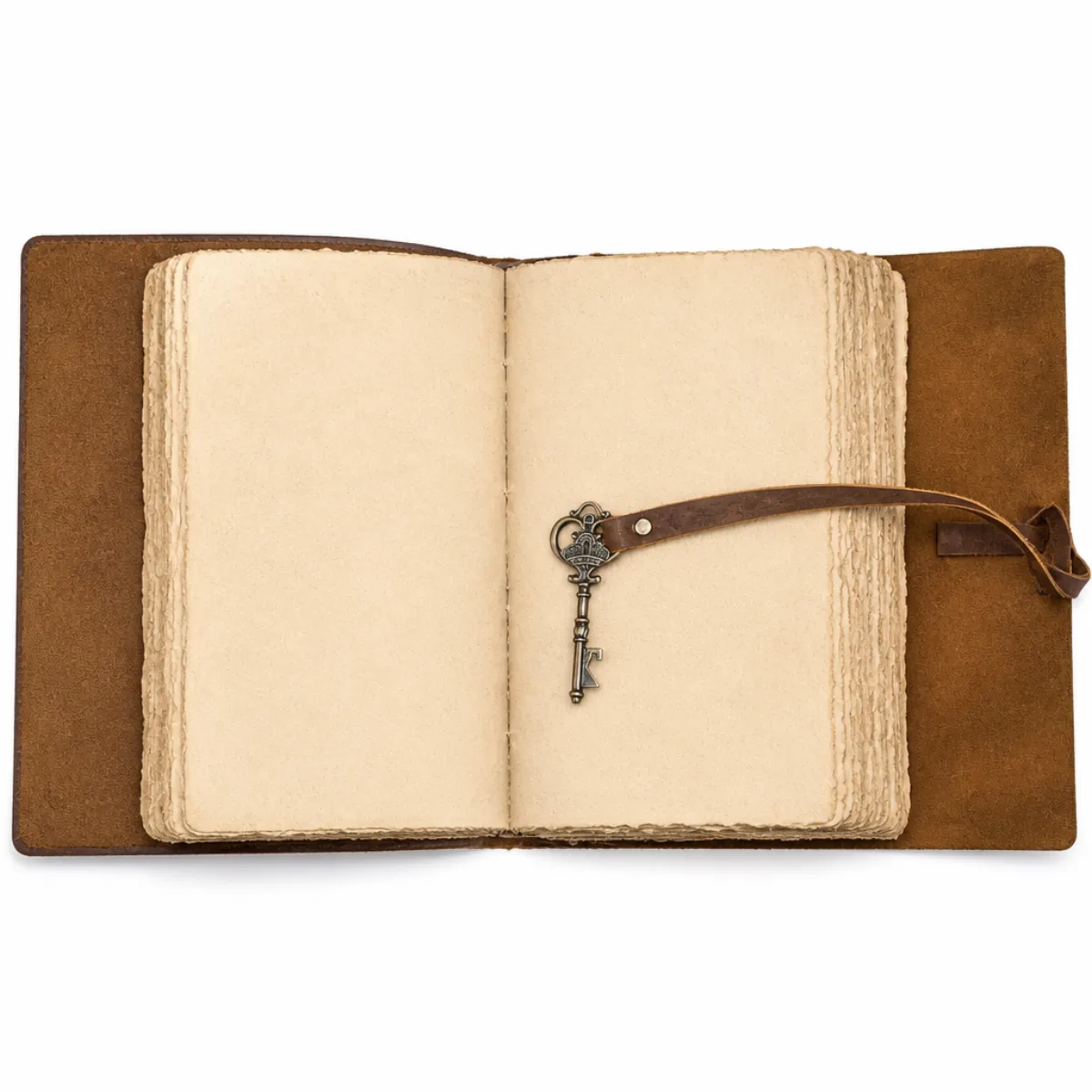 Open handmade leather journal showing unruled cream deckle-edge pages