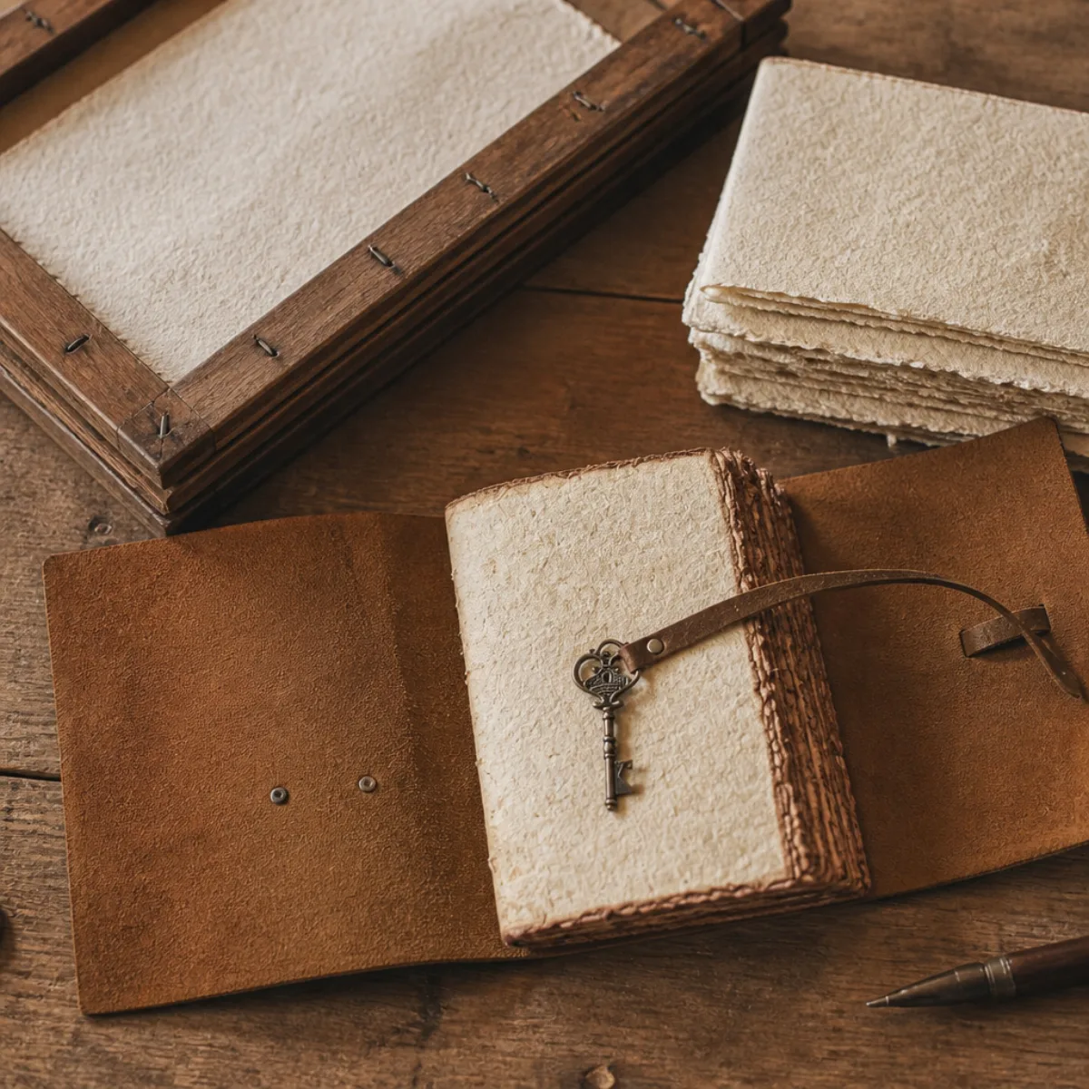 Handmade deckle-edge paper sheets and a leather cover on a workshop table