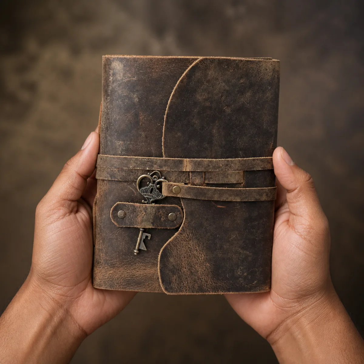 Hands holding an A5 distressed-brown leather journal to show scale