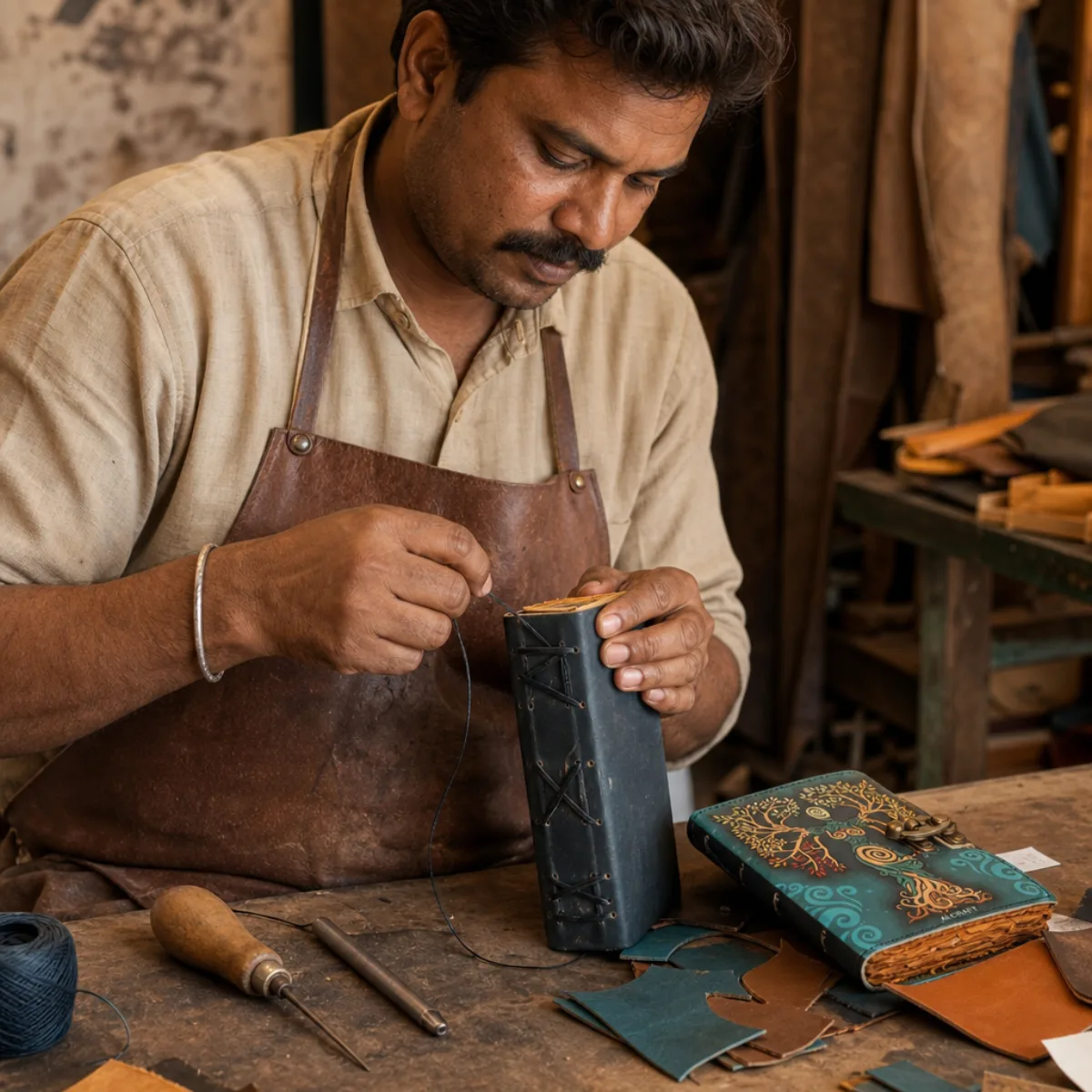 Artisan stitching a teal leather journal spine in a Rajasthan workshop