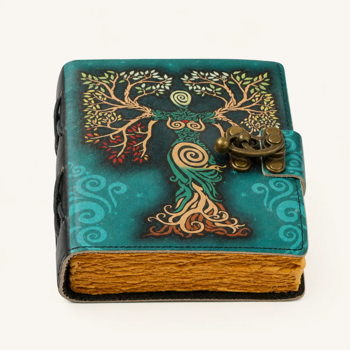 Closed teal leather tree-of-life journal with antique brass C-hook clasp