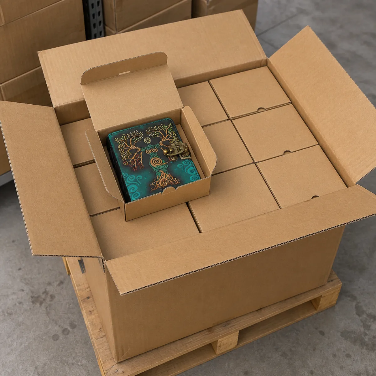 Export shipping carton with inner boxes of handmade leather tree-of-life journals from India