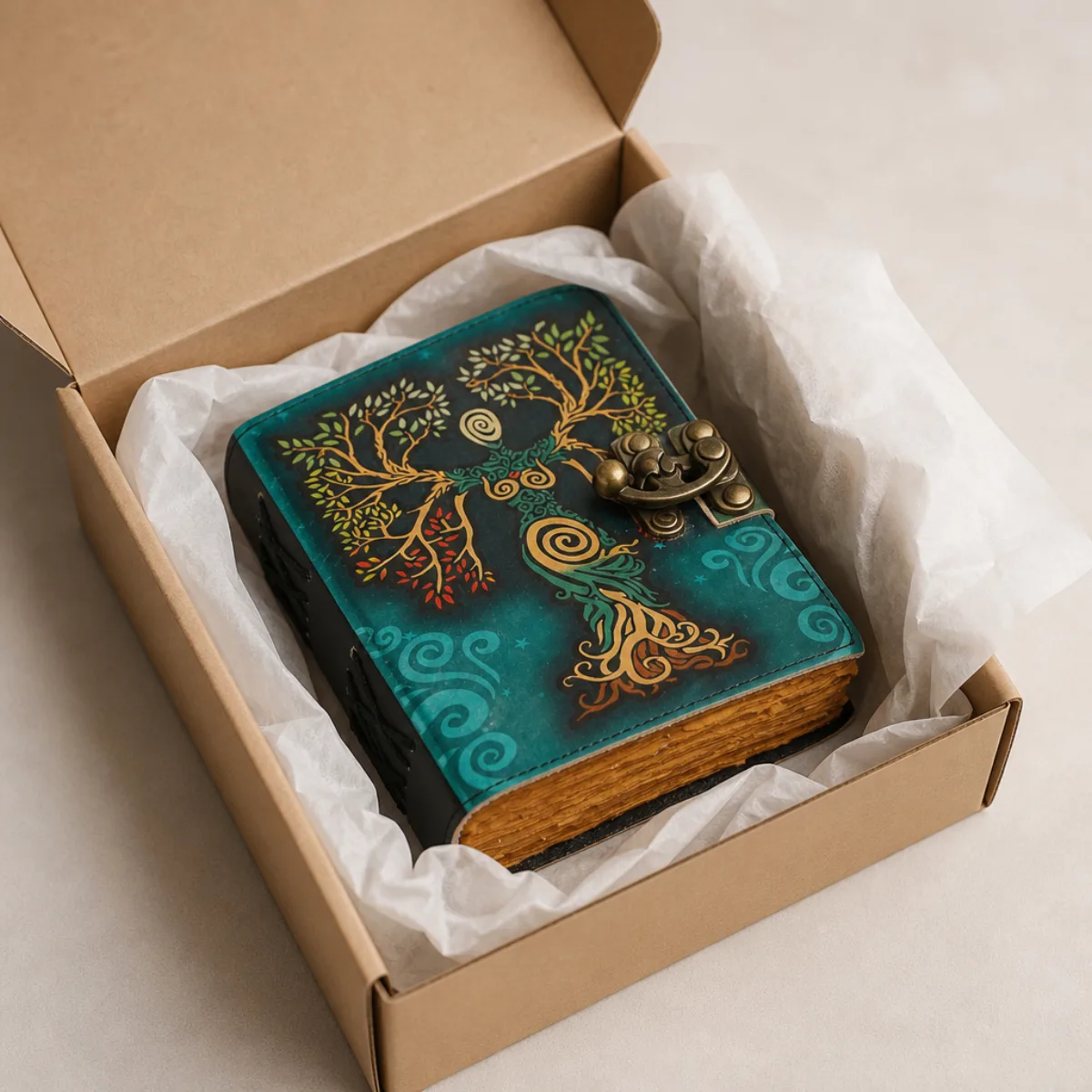 Teal leather tree-of-life journal packed in a kraft gift box with tissue for export