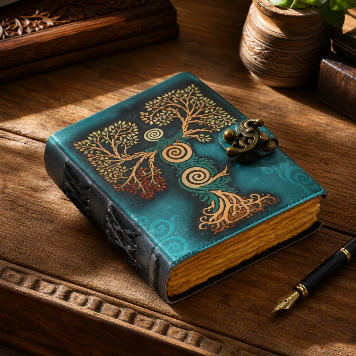 Teal handmade leather tree-of-life journal with brass C-hook on a teak writing desk
