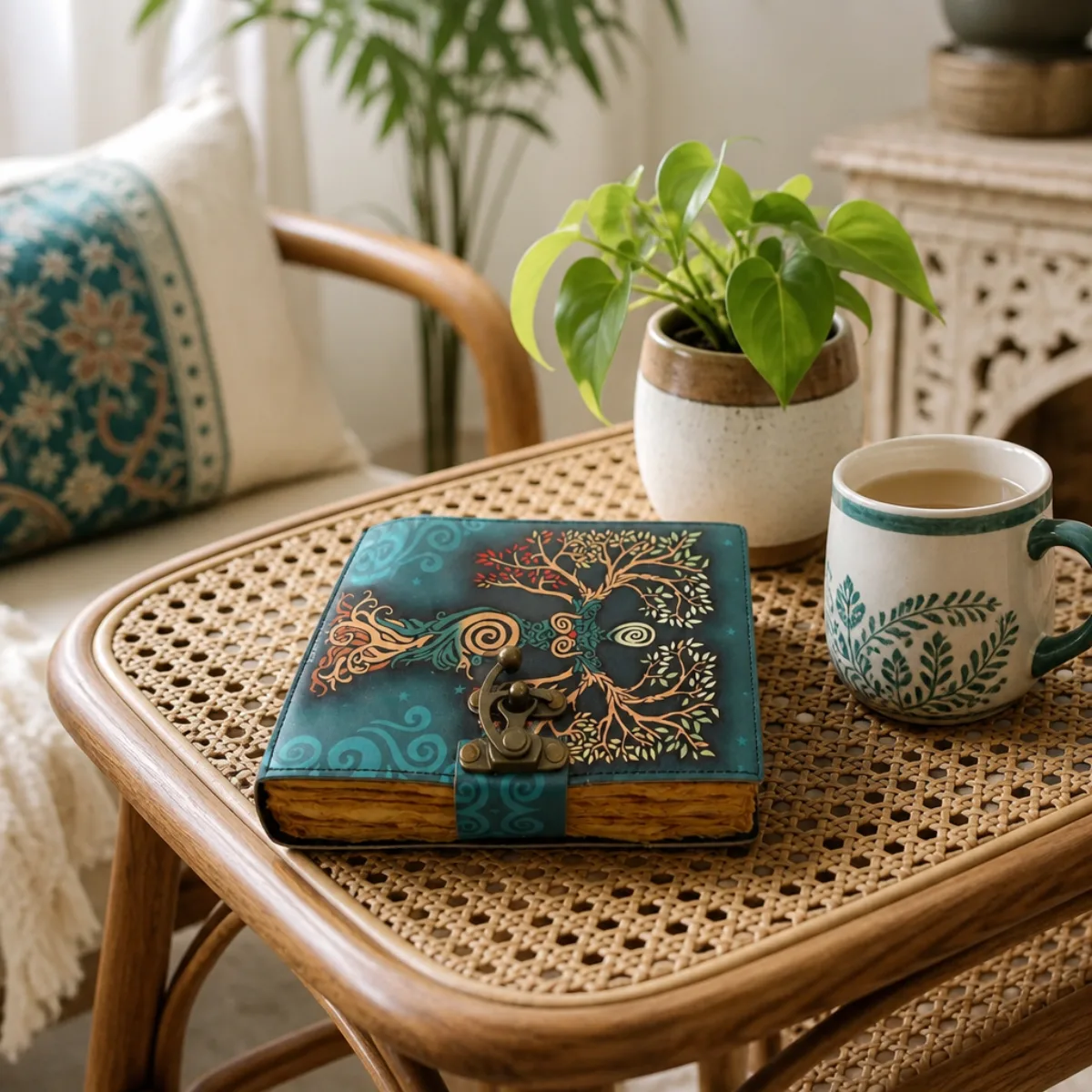 Teal leather tree-of-life journal on a cane side table in a bright living room