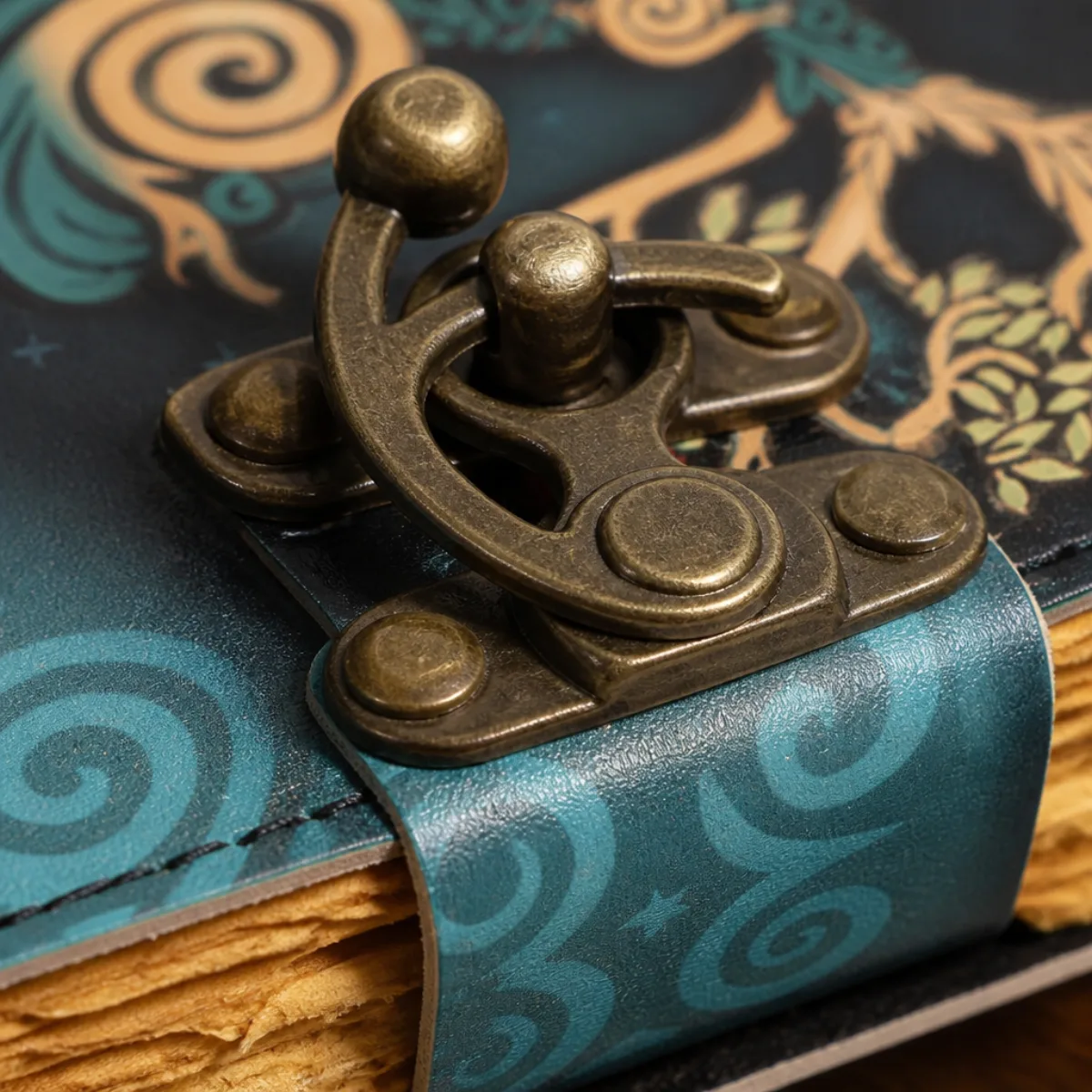 Close-up of antique brass C-hook clasp on a teal leather journal strap