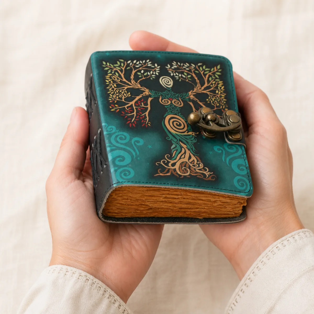 Hands holding a 7 inch handmade teal leather tree-of-life journal to show scale