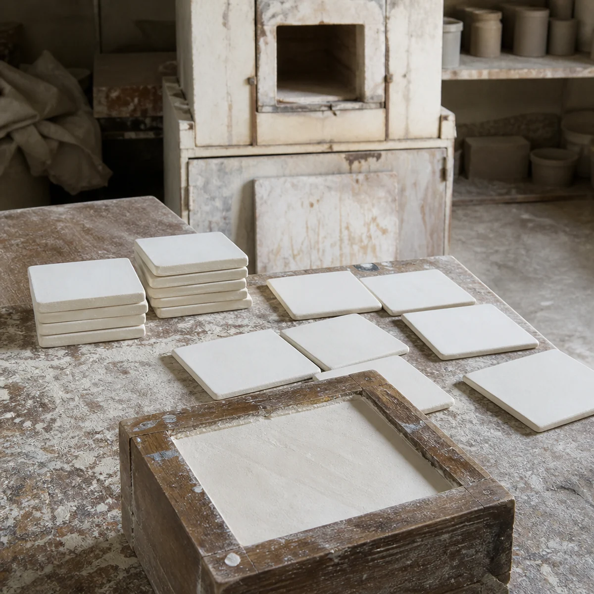 Quartz paste being moulded into Blue Pottery coaster blanks in a Jaipur workshop