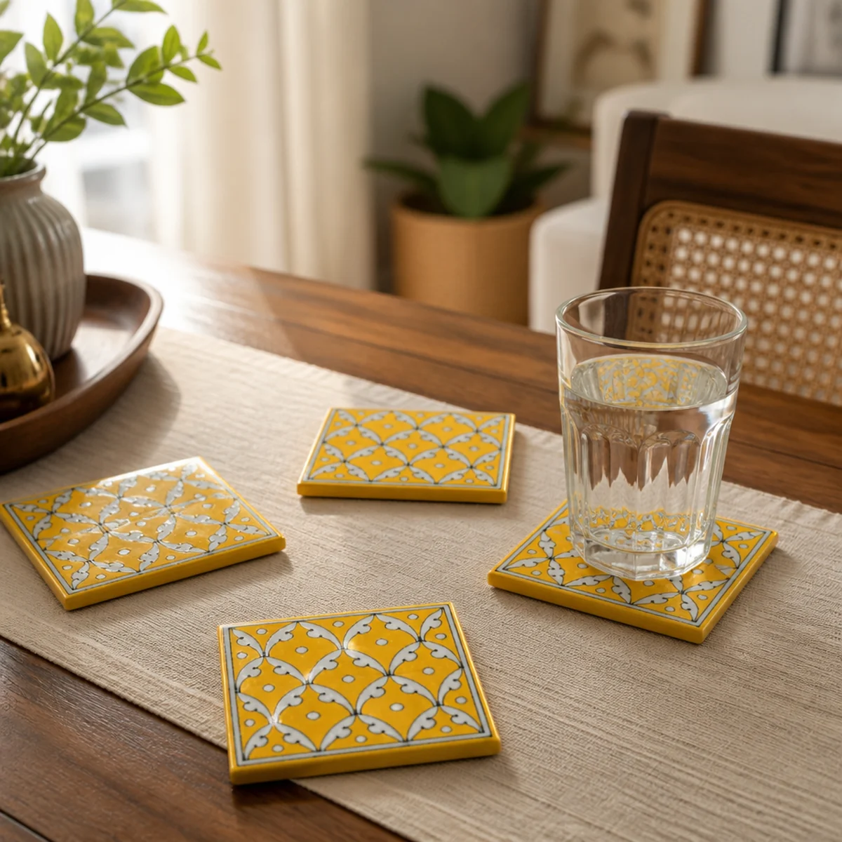 Jaipur Blue Pottery yellow jaal coasters used under glasses on a dining table