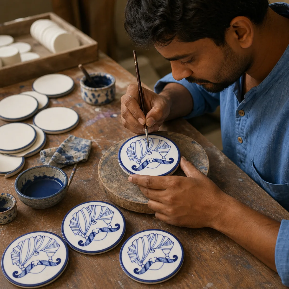 Craft-process illustration of an artisan hand-painting the Royal Turban motif on a Blue Pottery coaster. Made in Jaipur, Rajasthan, India; not a GI-authorised product claim. Jaipur artisan hand-painting a cobalt royal-turban motif on an ivory Blue Pottery coaster