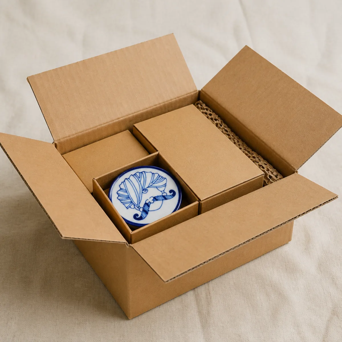 Altus Exports shipping carton with inner gift boxes of Jaipur Blue Pottery coaster sets from India