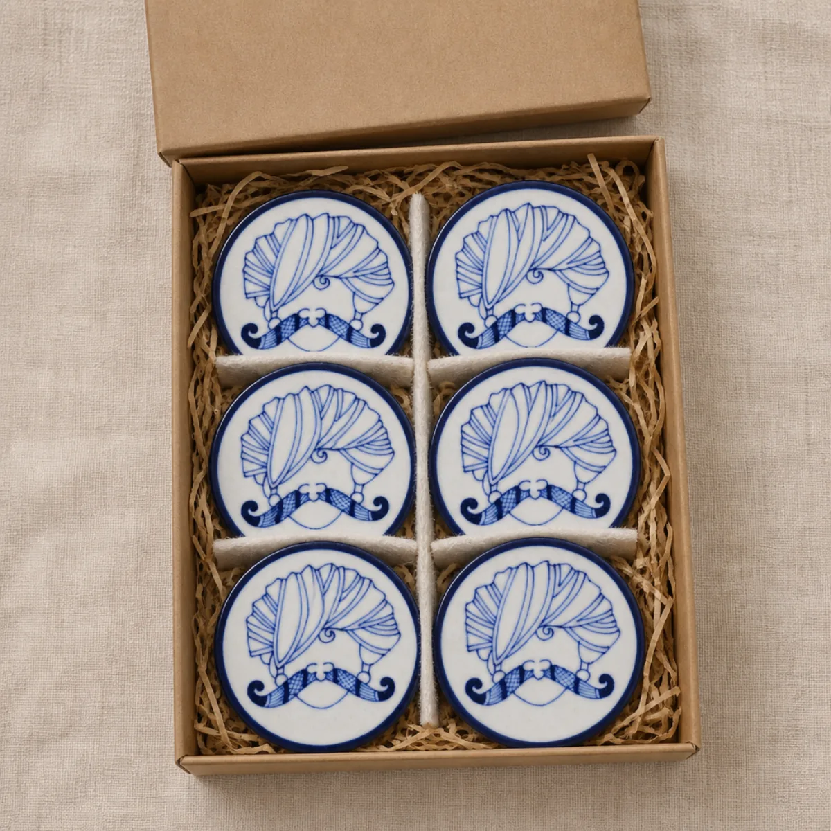 Jaipur Blue Pottery coaster set packed in a kraft gift box for export