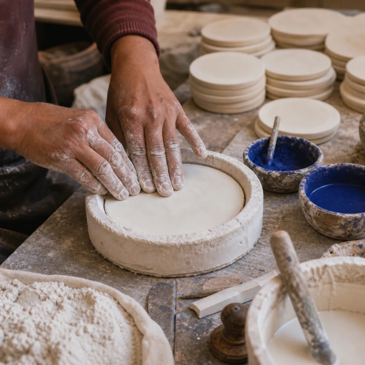 Quartz paste being moulded into a Blue Pottery coaster disc in a Jaipur workshop
